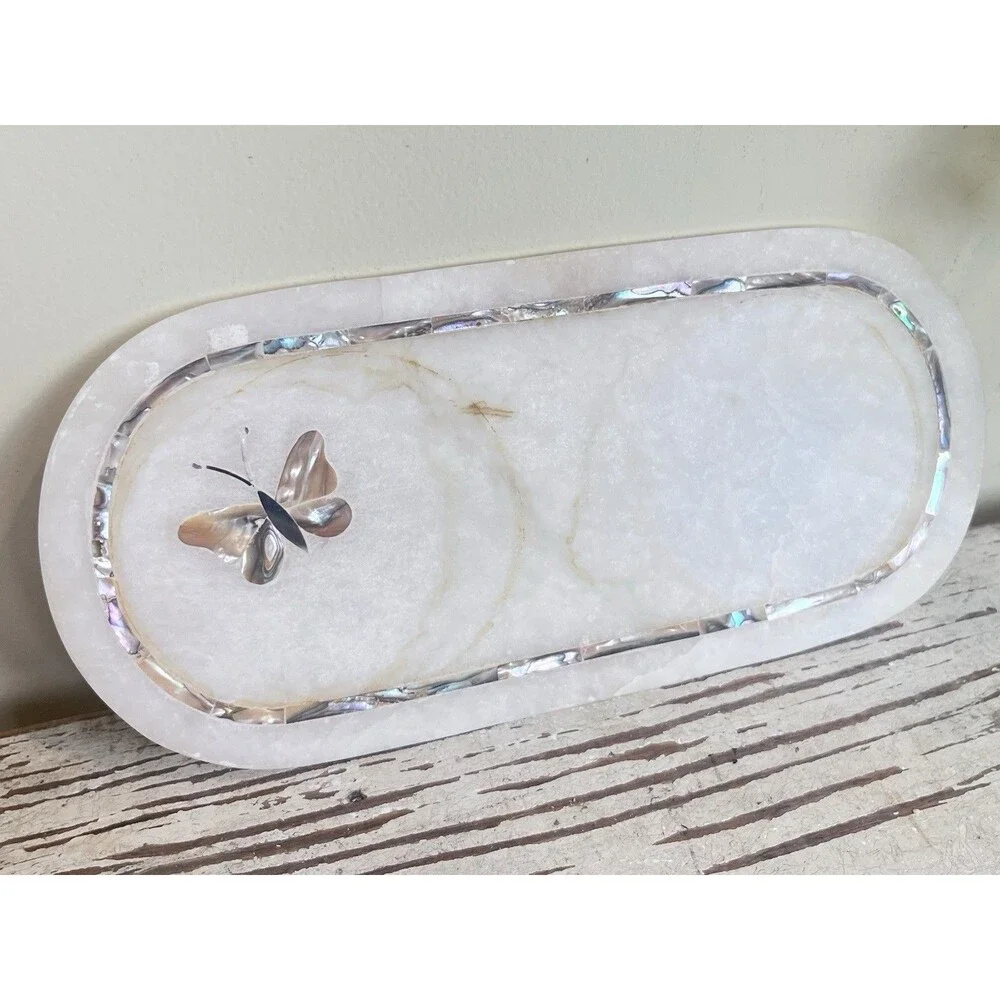 Vintage White Quartz Butterfly Mother-Of-Pearl Inlay Decorative Trinket Tray 12”